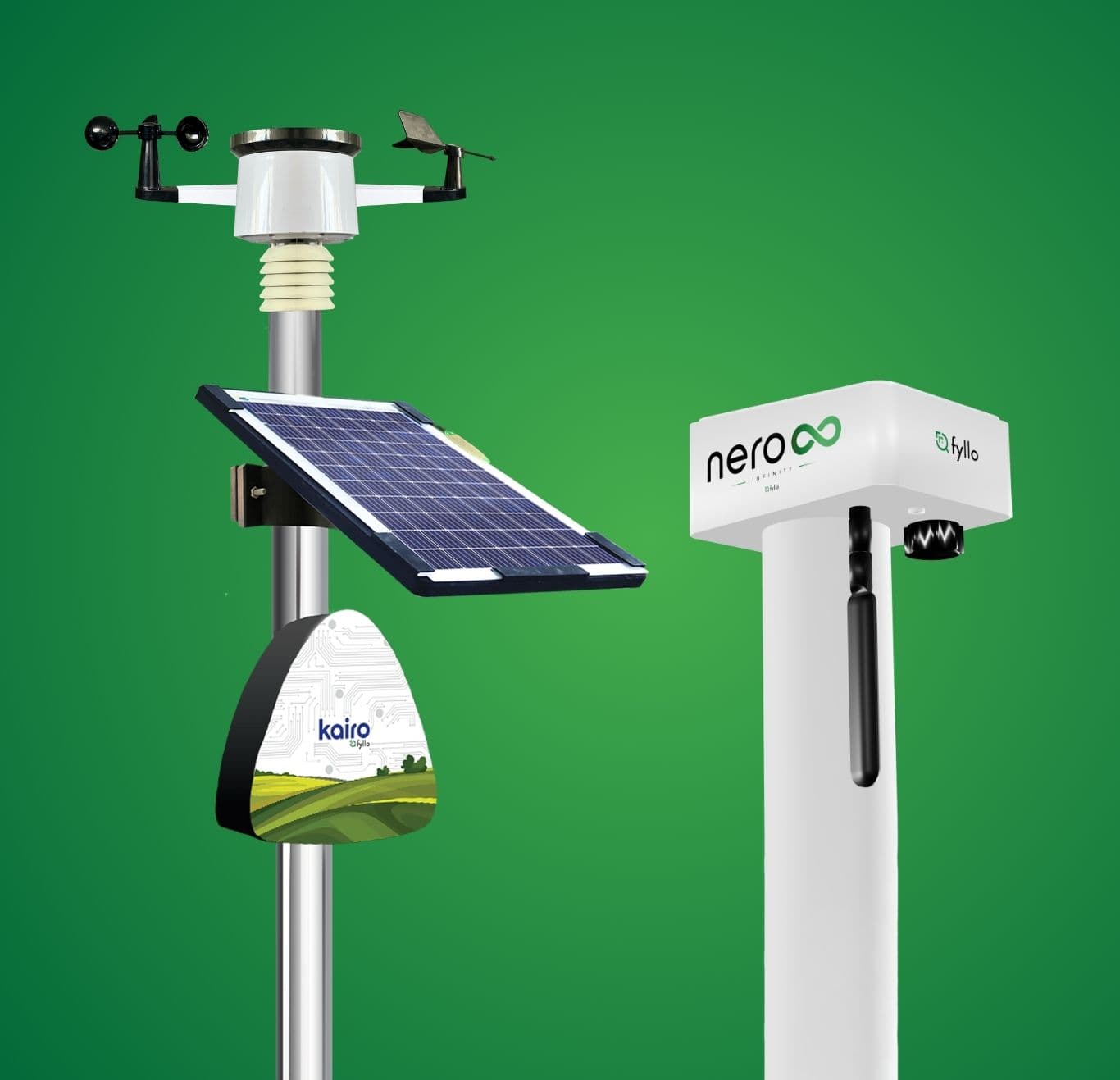 Fyllo Kairo weather station displaying all 12 monitored parameters including wind and leaf wetness