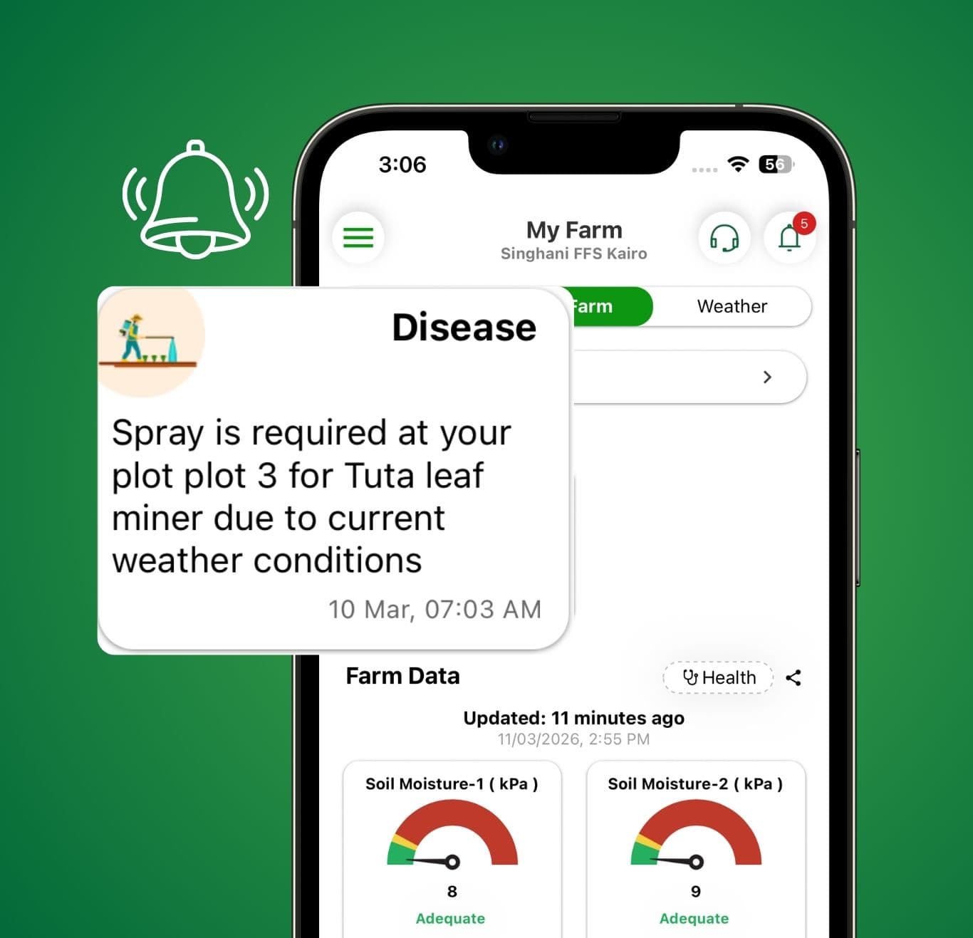 Fyllo smartphone app interface displaying actionable color-coded irrigation and disease alerts