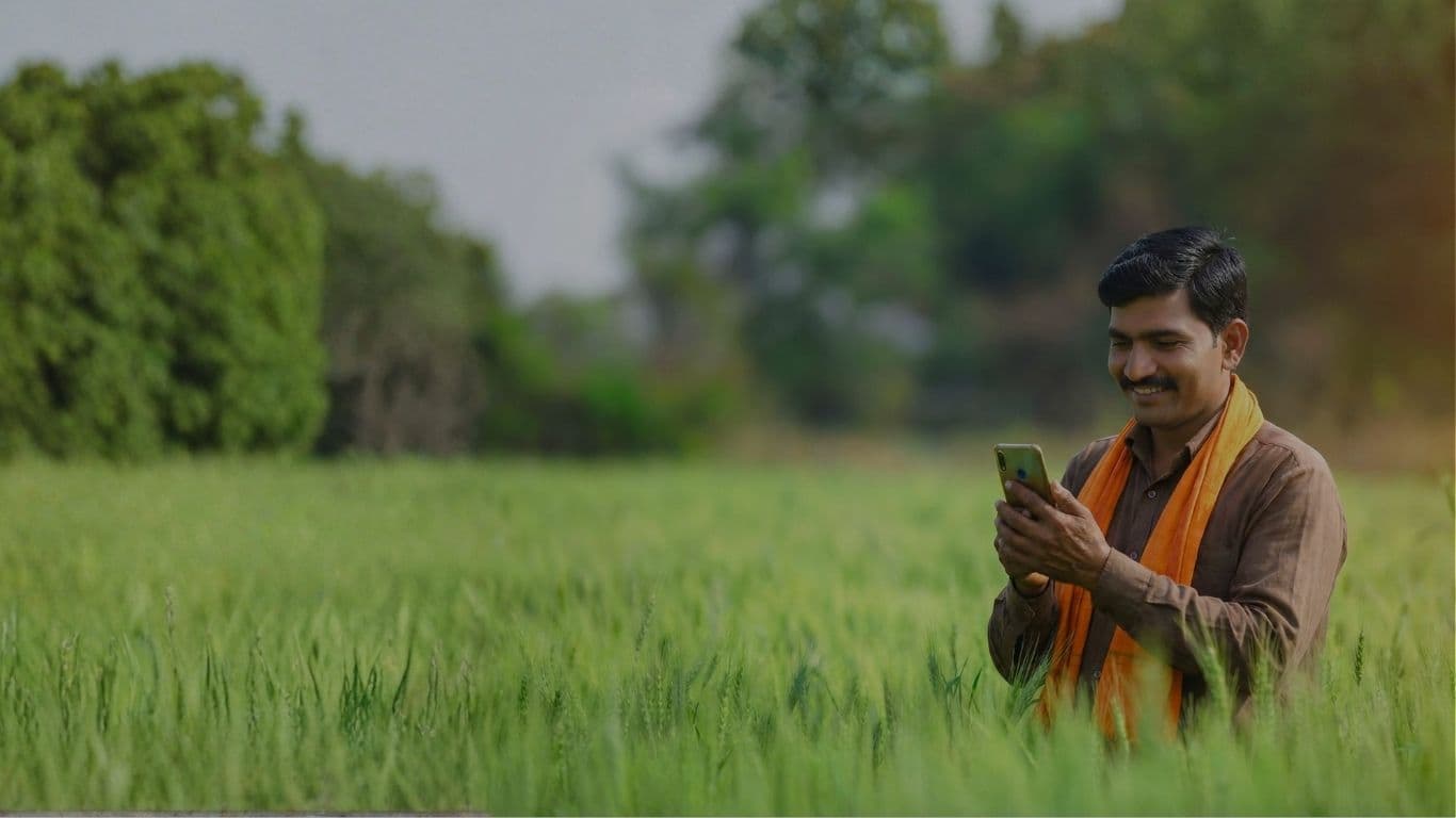 Indian farmer using Fyllo Dharti AI precision agricultural advisory chatbot on phone in a green crop field