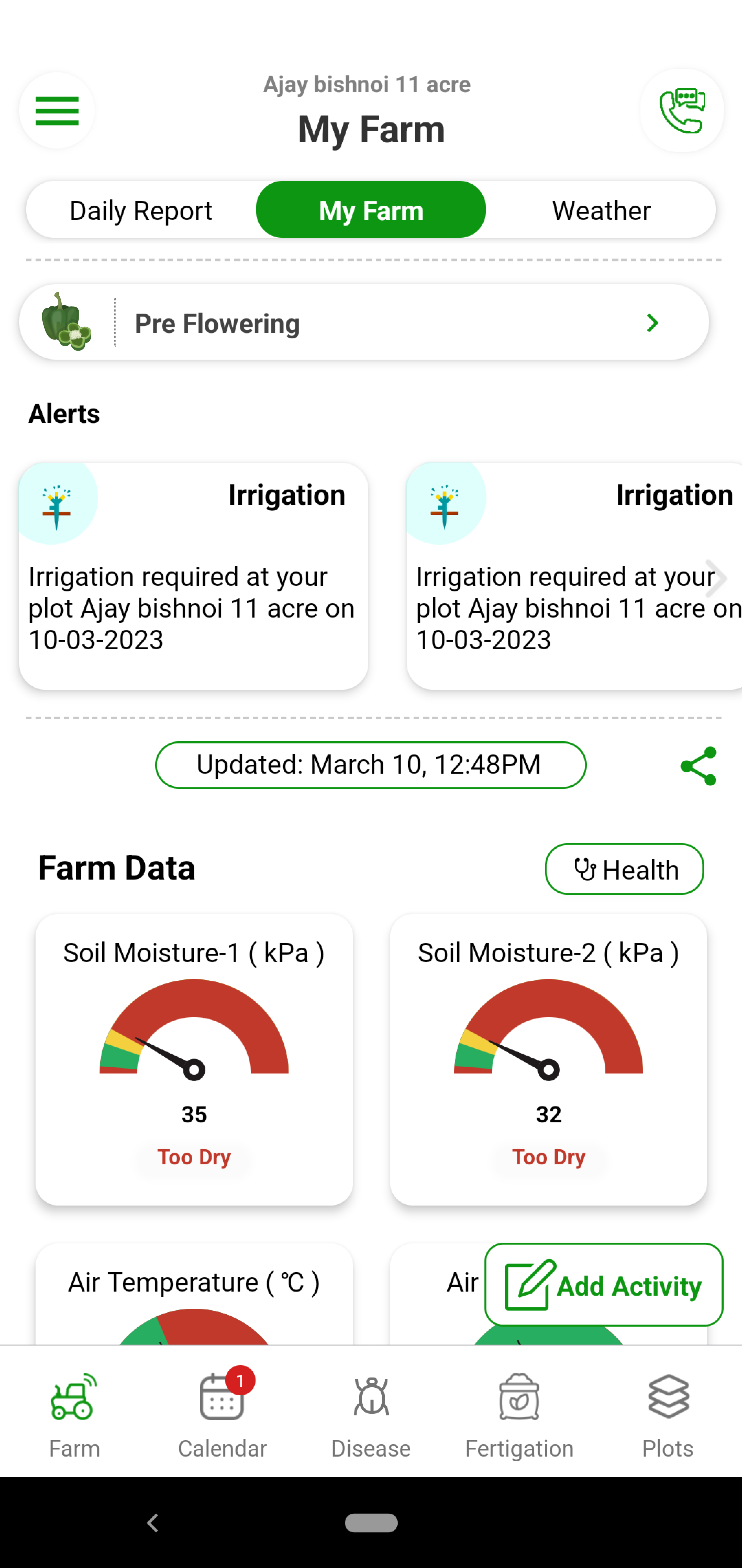 Too much water or too less water can be very harmful for capsicum. Over irrigation leads to wilting in the plants. Capsicum’s water requirements vary based on soil type and stage. With Fyllo’s device containing soil moisture and soil temperature sensor and intelligent software, you get alerts on how much water to provide to the crop. You can also see and visualize evapotranspiration (Etc) values of the crop. You can perfectly manage the water requirements to get the perfect size, color and sugar.