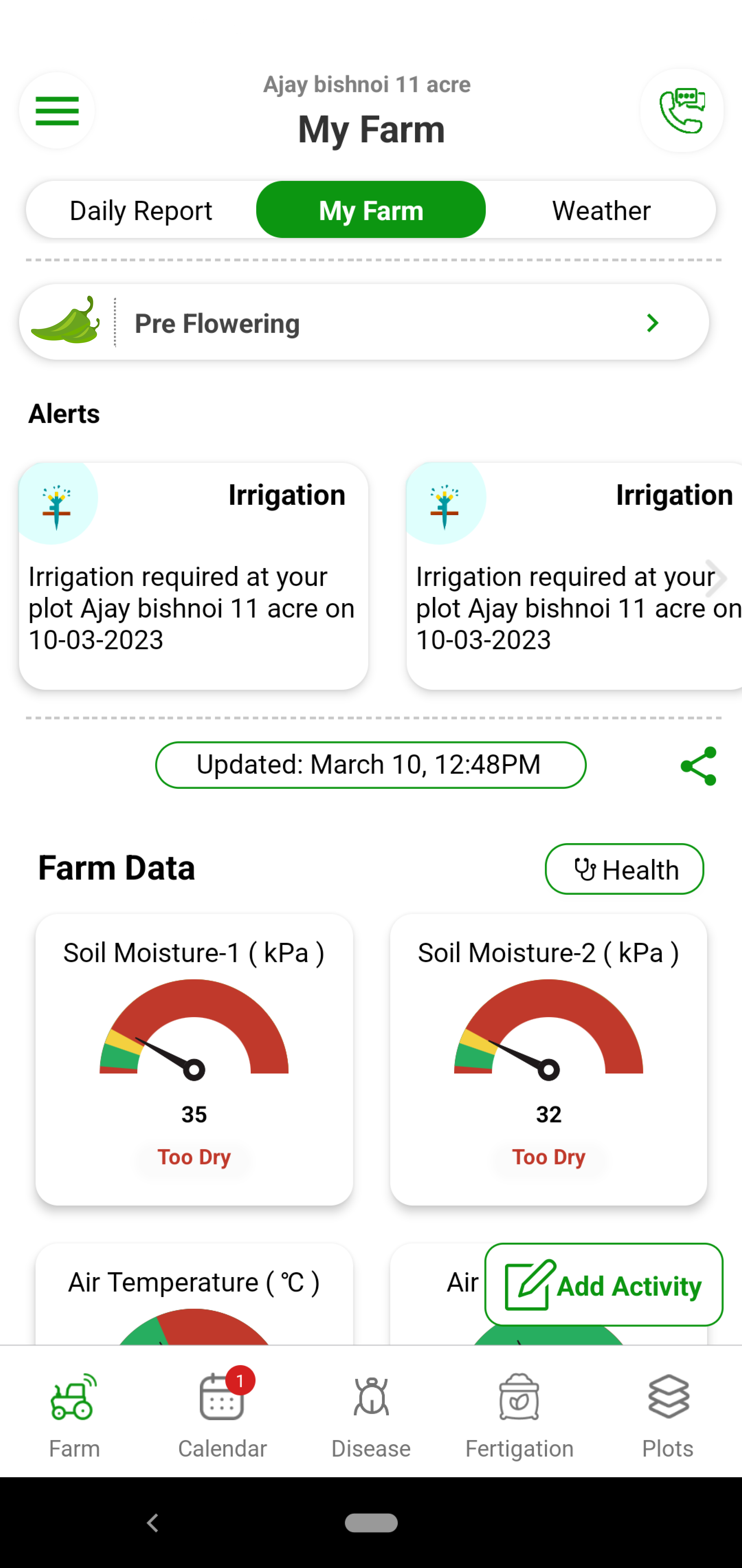 Too much water or too less water can be very harmful for chilli. Over irrigation leads to wilting in the plants. Chilli’s water requirements vary based on soil type and stage. With Fyllo’s device containing soil moisture and soil temperature sensor and intelligent software, you get alerts on how much water to provide to the crop. You can also see and visualize evapotranspiration (Etc) values of the crop. You can perfectly manage the water requirements to get the perfect size, color and sugar.