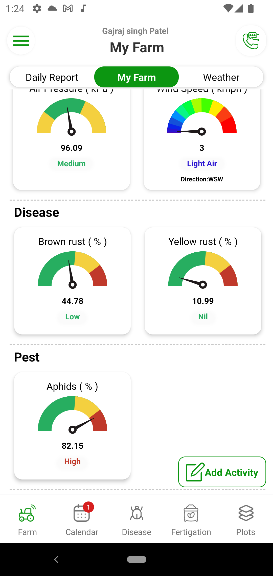 Major disease in Wheat are Brown Rust and Yellow Rust. Pests that can harm the crop include Aphids and Termites. Fyllo provides prediction of these diseases and pests along with preventive plant protection schedule.

                The disease and pest prediction models are based on stage of the crop and favorable climate.
                
                You can also monitor area wise progression of the diseases and pests. Fyllo also tells best time to spray for highest effectivity of plant protection molecules.