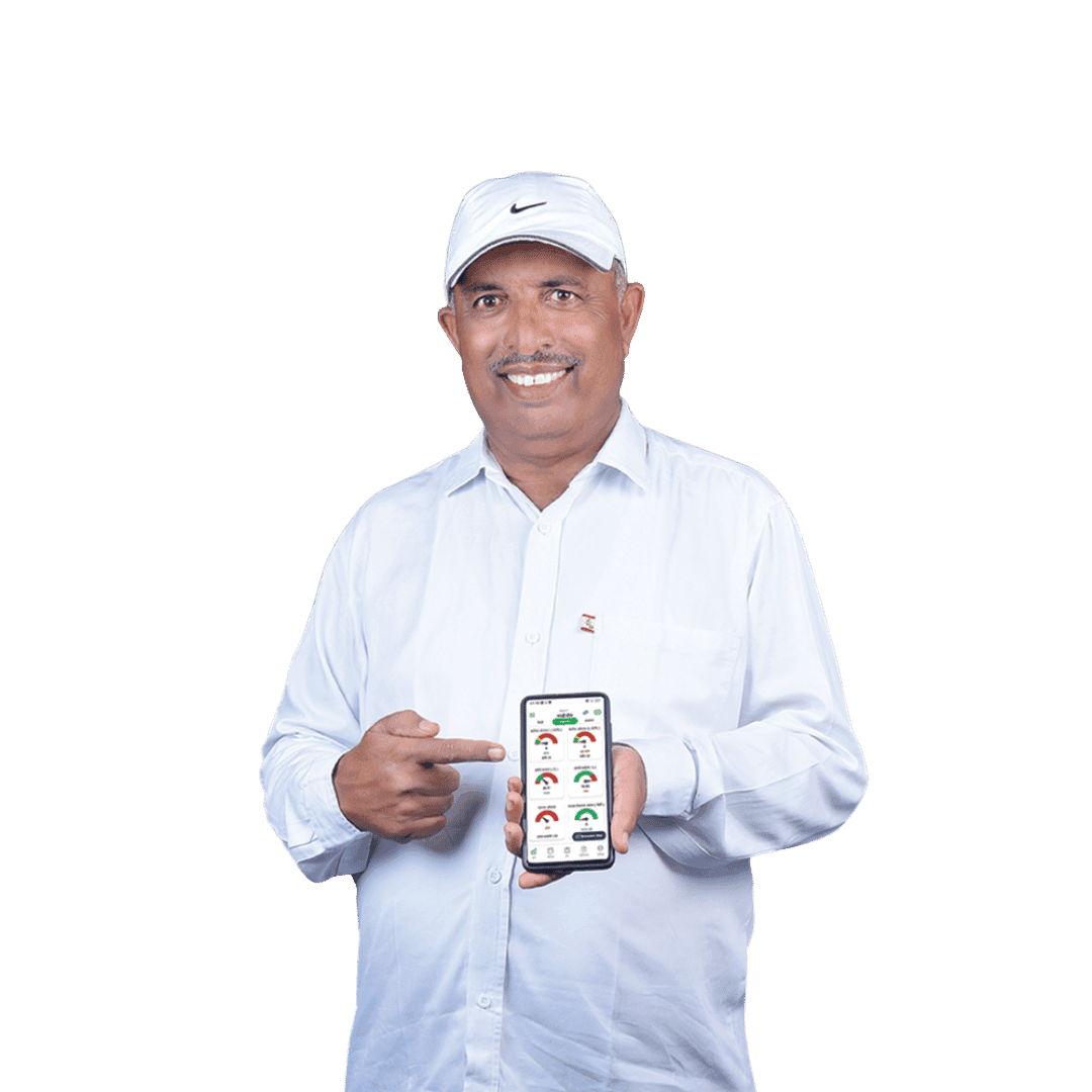Indian horticulturist farmer holding a smartphone using Fyllo precision agriculture app in a grape vineyard